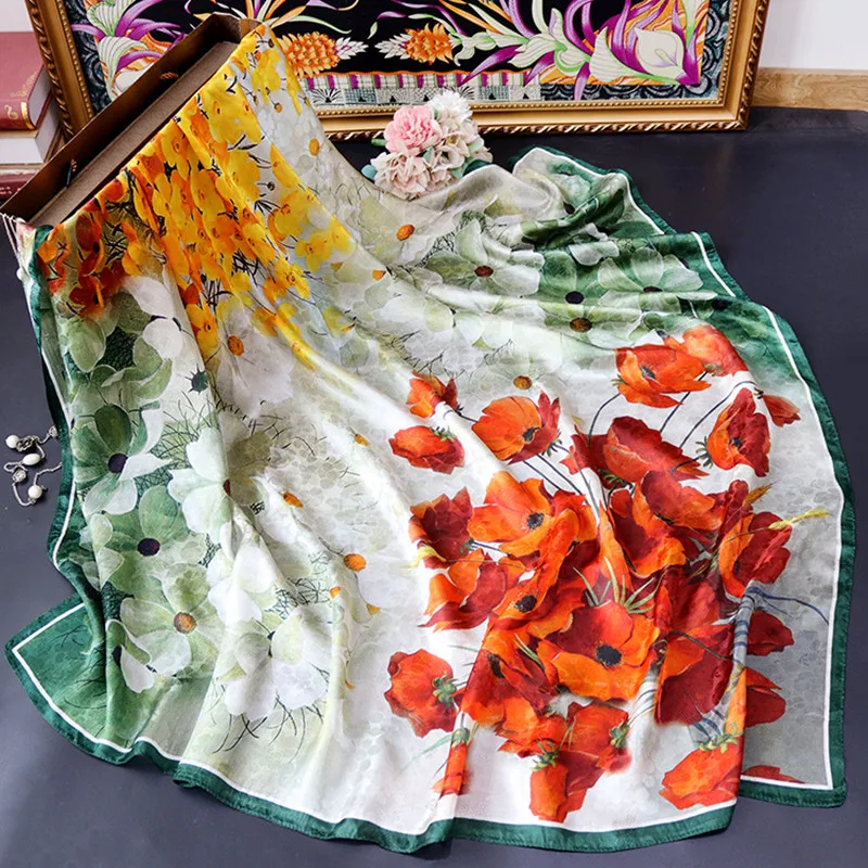 Buy 100% Mulberry Silk Schal Luxus Weibliche Hijab 110cm Platz Schal für Frauen mit aushöhlen Kopf Wrap Bunte Floral