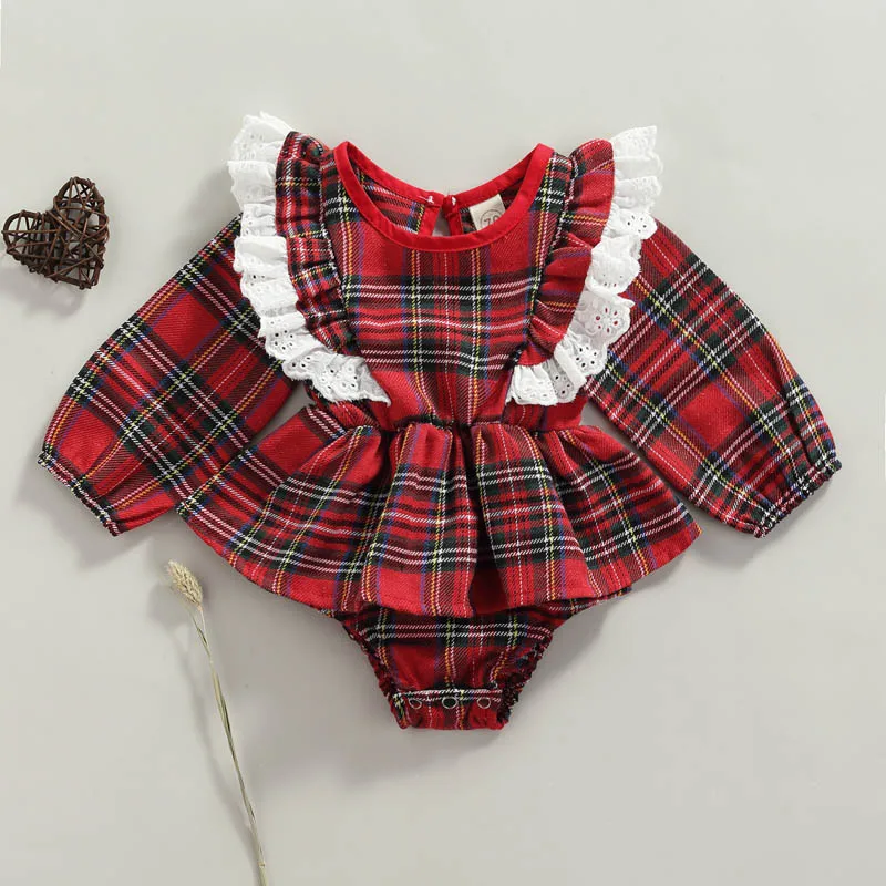 

Pudcoco 0-24M Romper Newborn Baby Girls Christmas Clothes Red Plaid Lace Ruffles Jumpsuit Playsuit Outfits Costumes