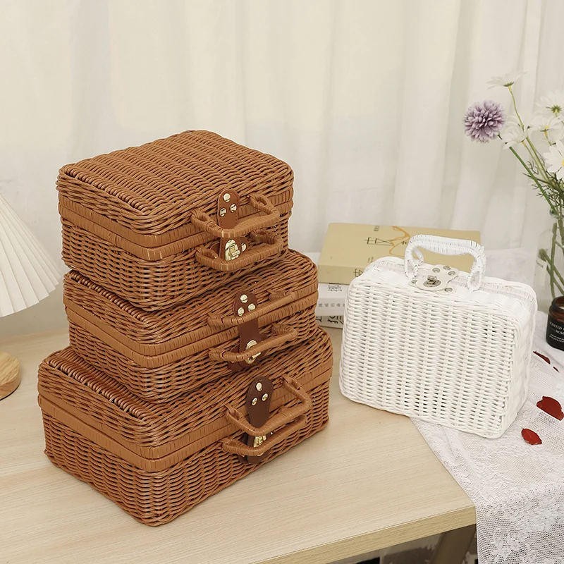 

Imitation Storage Picnic Storage Woven Organizer Rattan Handmade Box Retro Suitcase Finishing Box Basket Prop Box Box