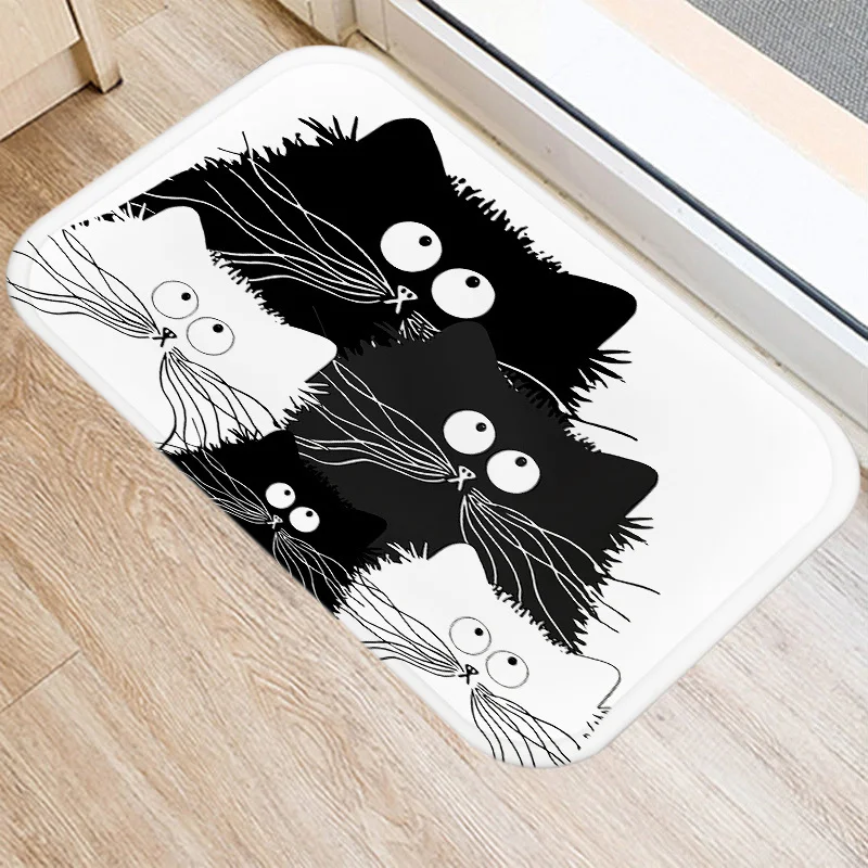 

Cute Cat Printed Kitchen Bath Entrance Anti-Slip Door Mat Coral Velvet Carpet Doormat Colorful Indoor Floor Mats Rug Home Decor
