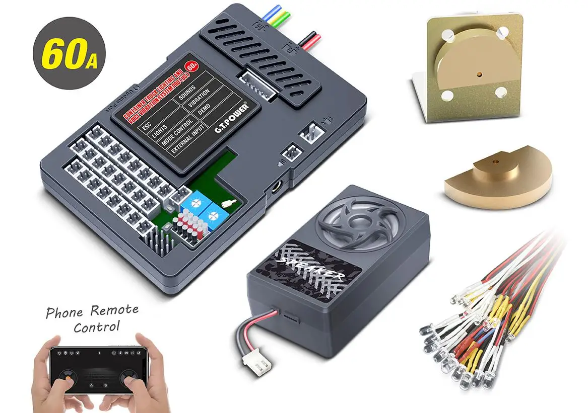 

G.T.Power, световой сигнал для грузовика, голосовая вибрационная система Pro (США/ЕС) 60A, управление через приложение для радиоуправляемого автомобиля, контейнер для грузовика, управление ESC