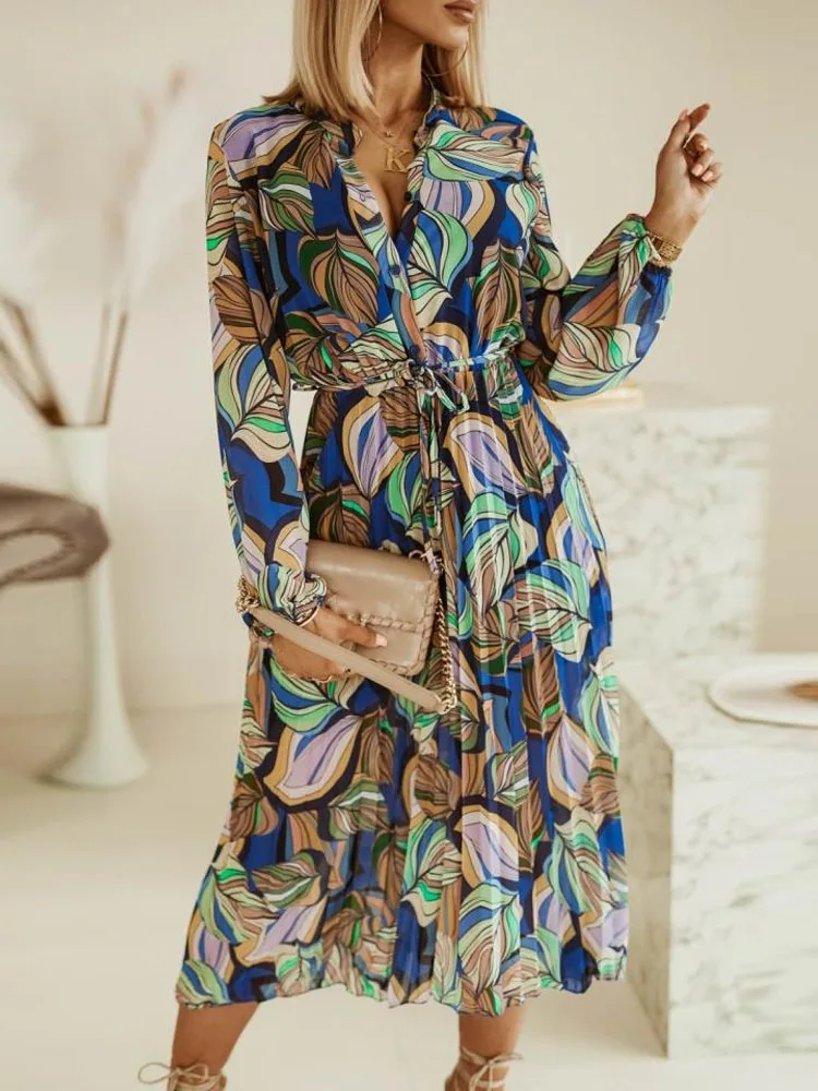 

Elegant V Neck Boho Beach Dress Sexy Tie-up Waist Button Pleated Chiffon Shirt Dress Women Fashion Long Sleeve Party Dresses