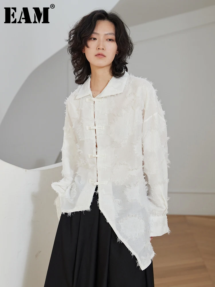 

[EAM] Women White Irregular Hem Feather Big Size Blouse New Lapel Long Sleeve Loose Fit Shirt Fashion Spring Autumn 2023 1DF3958