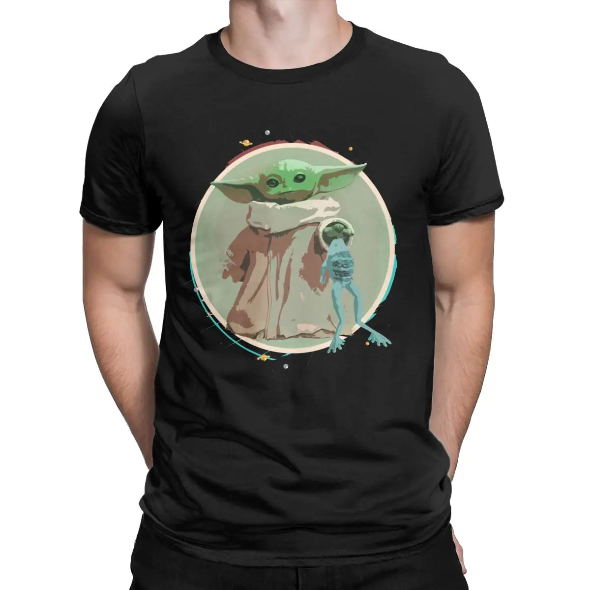 

Leisure Disney Baby Yoda With Frog T-Shirt for Men Cotton T Shirt The Mandalorian Star Wars Short Sleeve Tees Summer Clothes