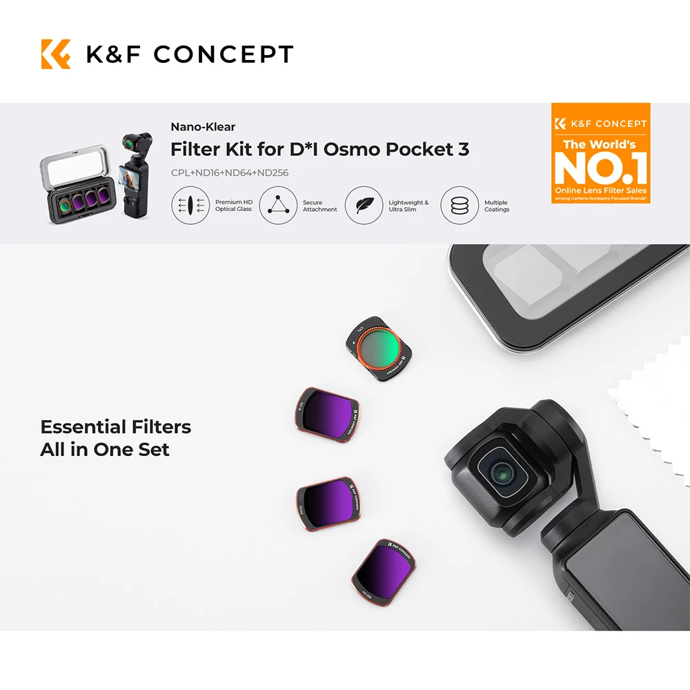 Фото Комплект фильтров K&F Concept для DJI Osmo Pocket 3, CPL+ND16/ND64/ND256, магнитное быстросъемное крепление, 18-слойное HD оптическое стекло, без виннетинга №1