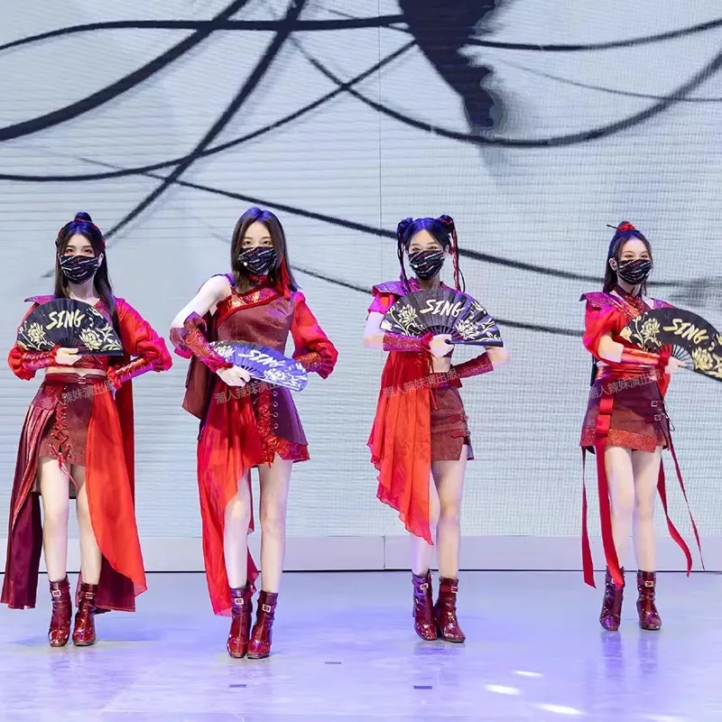 Одежда Kpop для женщин костюм певицы красный Y2k одежда концертов выступлений
