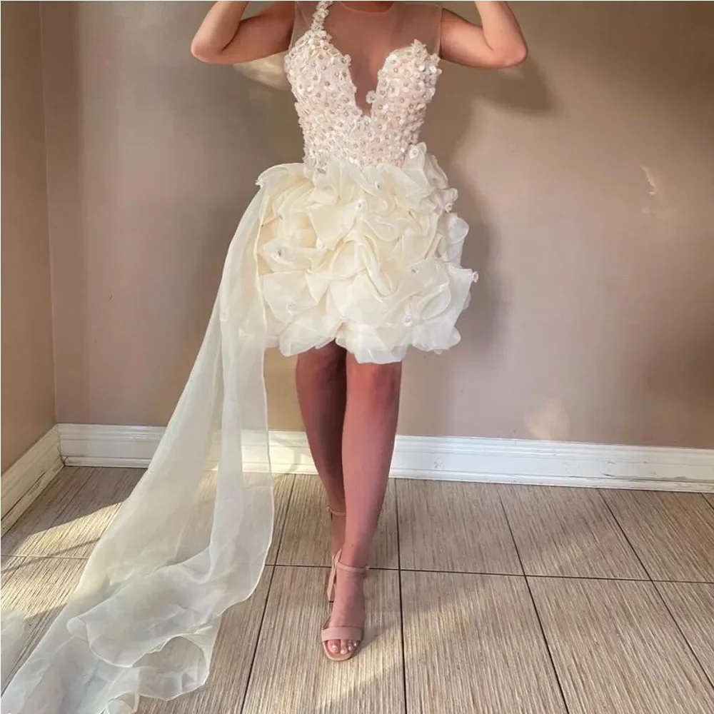 

Sexy Ivory Pick-ups Short 3D Flower Mini Cocktail Homecoming Dresses Prom Gown Engagement Birthday Party
