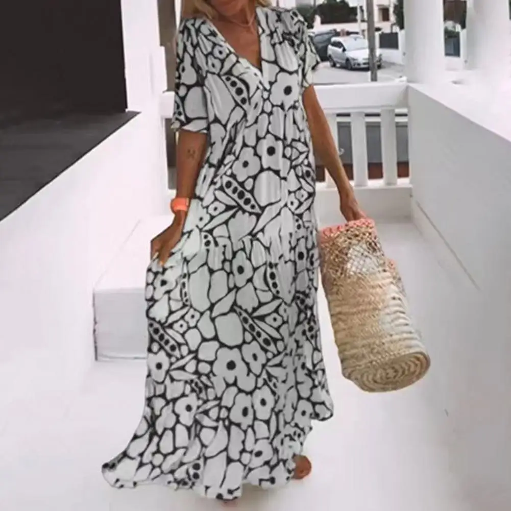 

Women Printed Long Dress Eye-catching V-neck Dress Elegant Print Comfortable Fashionable for Occasions Attire Figure-flattering