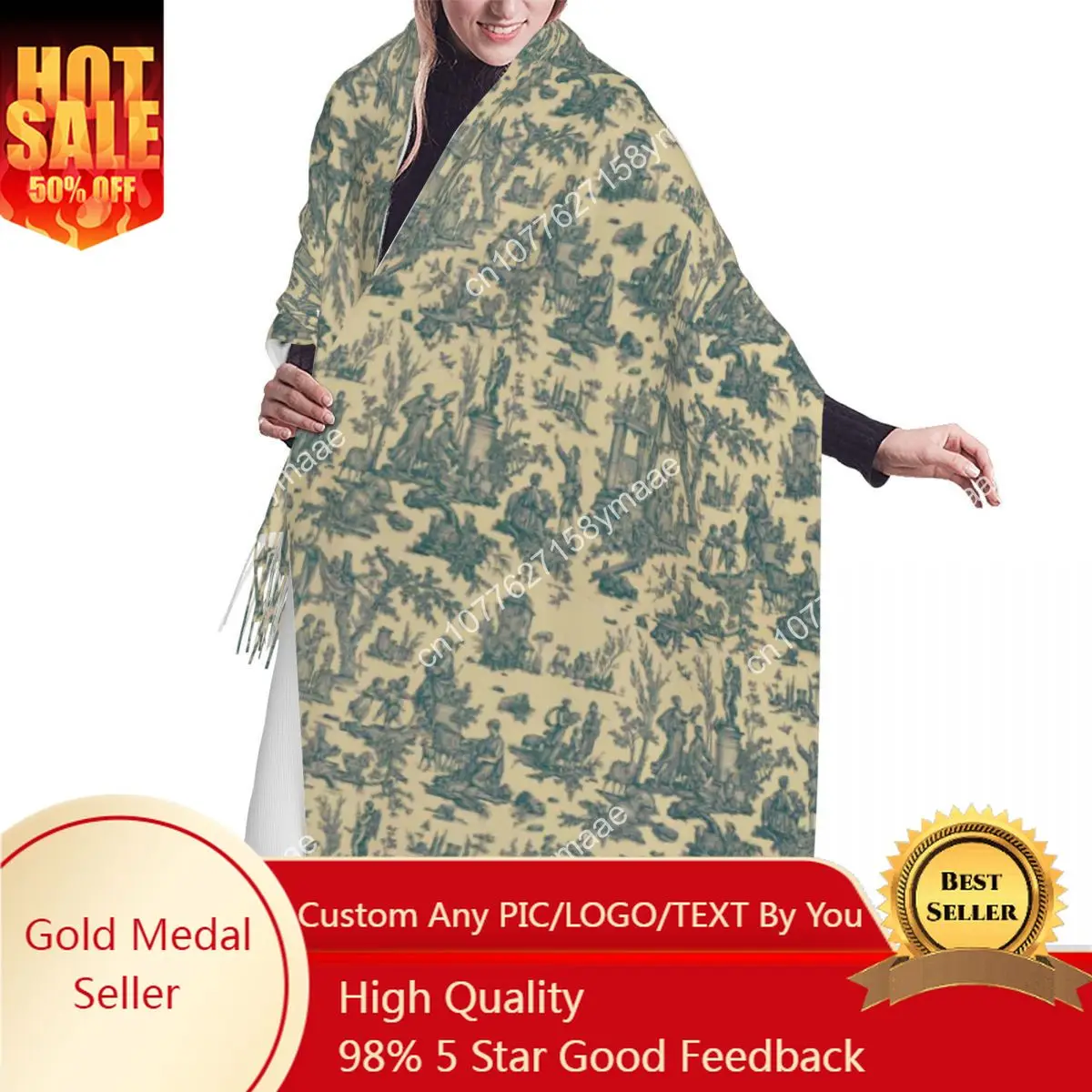 

Female Long French Toile De Jouy Offering To Love Blue Scarves Women Winter Fall Soft Warm Tassel Shawl Wraps France Art Scarf