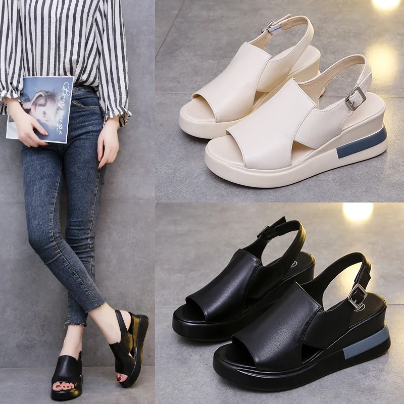 

2022 New Summer Thick Bottom Wedge Leather Sandals For Women Fashion Hollow Soft Leather Fish Mouth Shoes Raised Platform Sandal