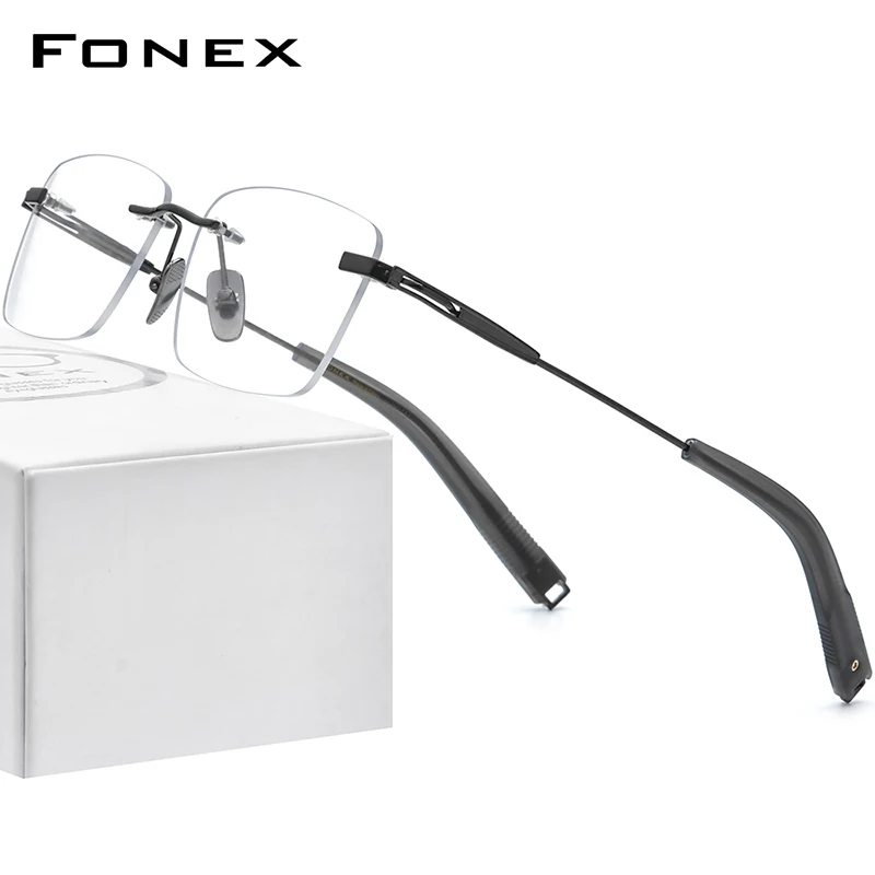 FONEX Pure Titanium Glasses Men 2022 New Retro Vintage Prescription Eyeglasses Rimless Square Myopia Optical Eyewear 80814