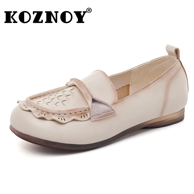 

Koznoy 1.5cm Ethnic Style Checkered Weave Genuine Leather Lace Women Breathable Summer Autumn Flat Loafers Comfy Soft Lady Shoes