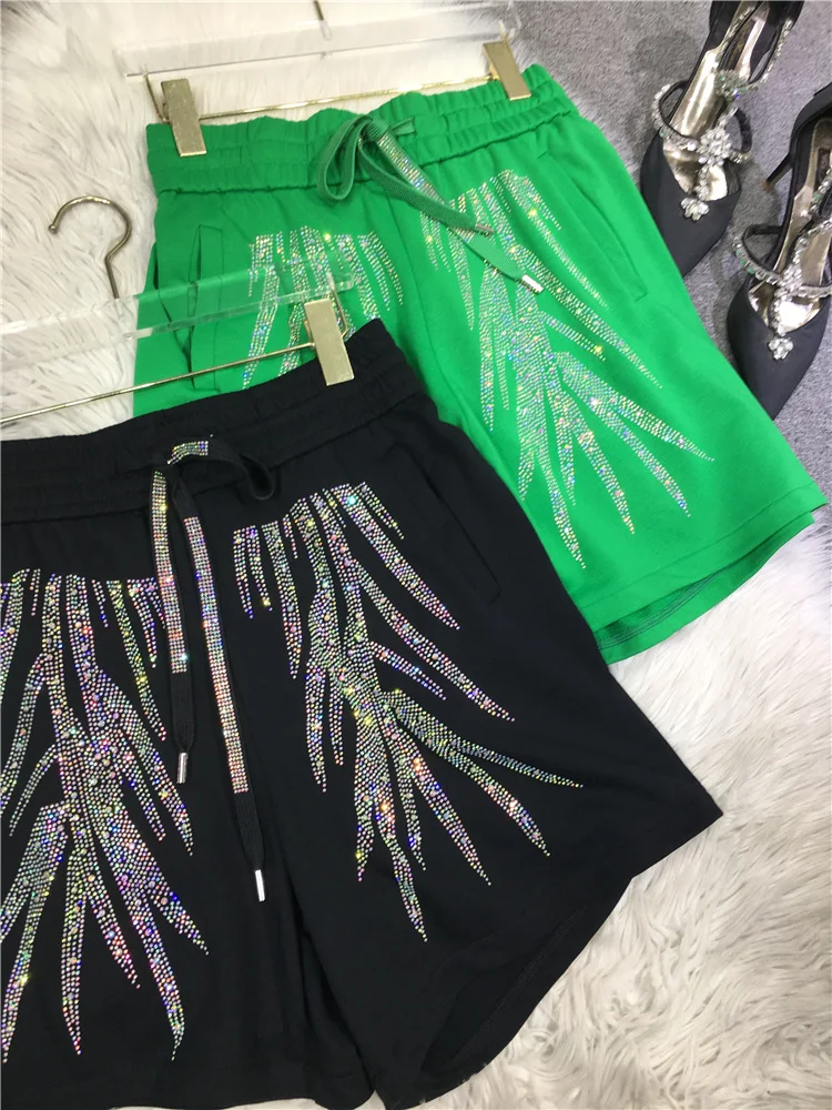 Blingbling  Hot Drilling Women Green Shorts 2023 New Summer Fashion Loose Wide Leg Pants Elastic Waist All-match Sports Shorts