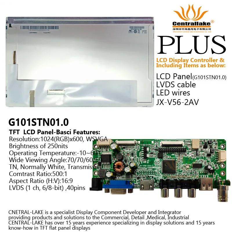 Hot Sale for 10.1″LCD Industrial Display Screen Includes Controller Board :V56-2AV Plus 10.1 Inch PanelG101STN01.0