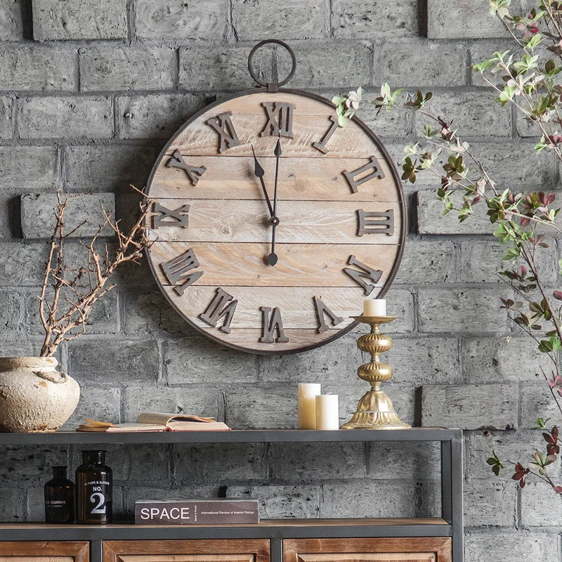 American Style Retro Wall Clock Wooden Iron Art Round Wall Clock Creative Home Stay Wall Nostalgic Clock Decorative Clock ZC755