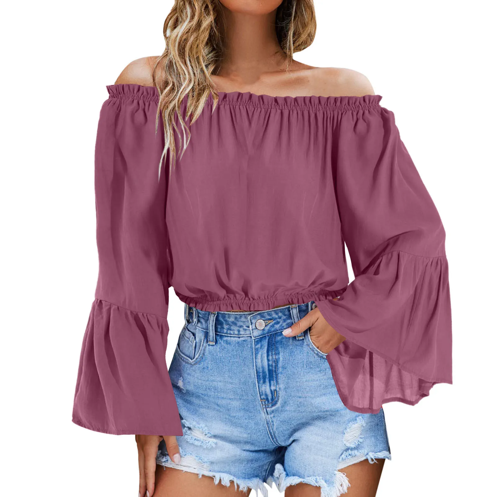 

Women Summer Off The Shouler Crop Tops Long Bell Sleeve Shirt Blouses Ladies Sexy Causal Solid Color Elegant Business Shirts