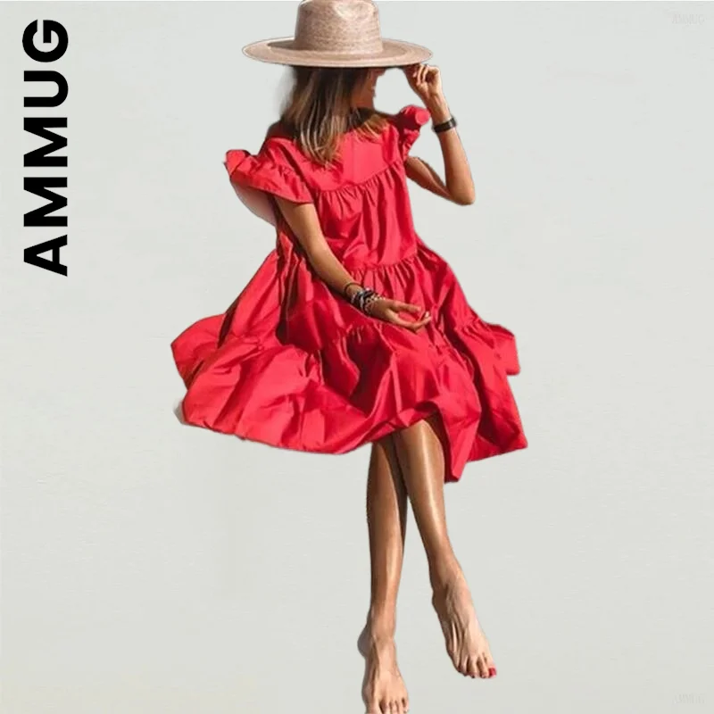 

Ammug Dress Fashion Women Popular O-Neck Ruffle Sleeve Midi Dresses Harajuku Dresses Club Cheap Dress Woman Vestidos Female