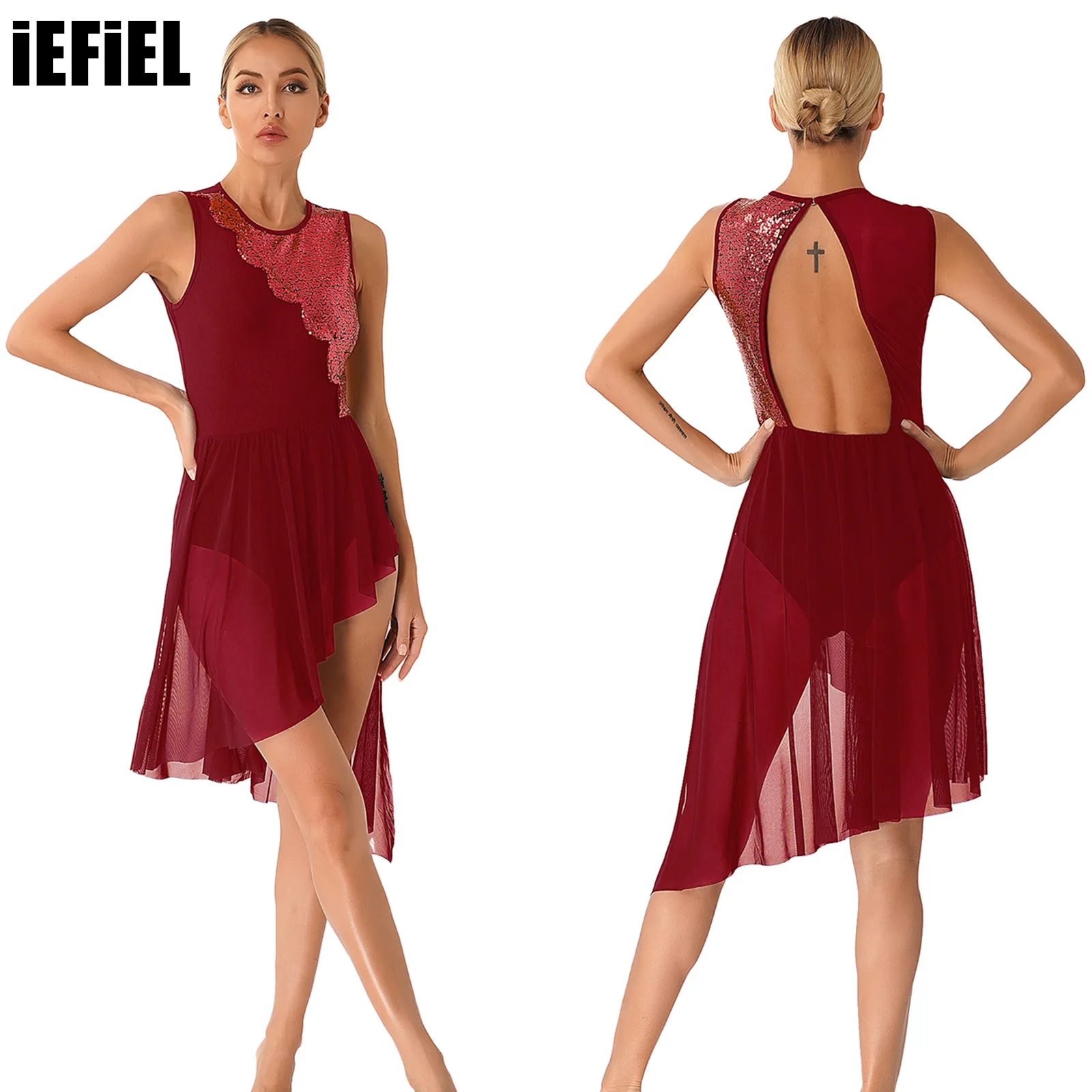 

Women Jazz Dance Dresses Performance Costume Side Split Asymmetrical Hem Sheer Mesh Open Back Lyrical Dance Glittery Sequin