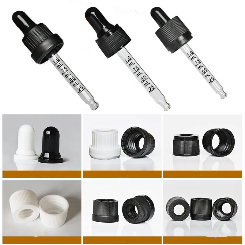 

50pcs Plastic Black/White Screw Press Dropper Cover Cap with Glass pipette for 5/10/15/20/30/50/100ml Essential oil Bottles