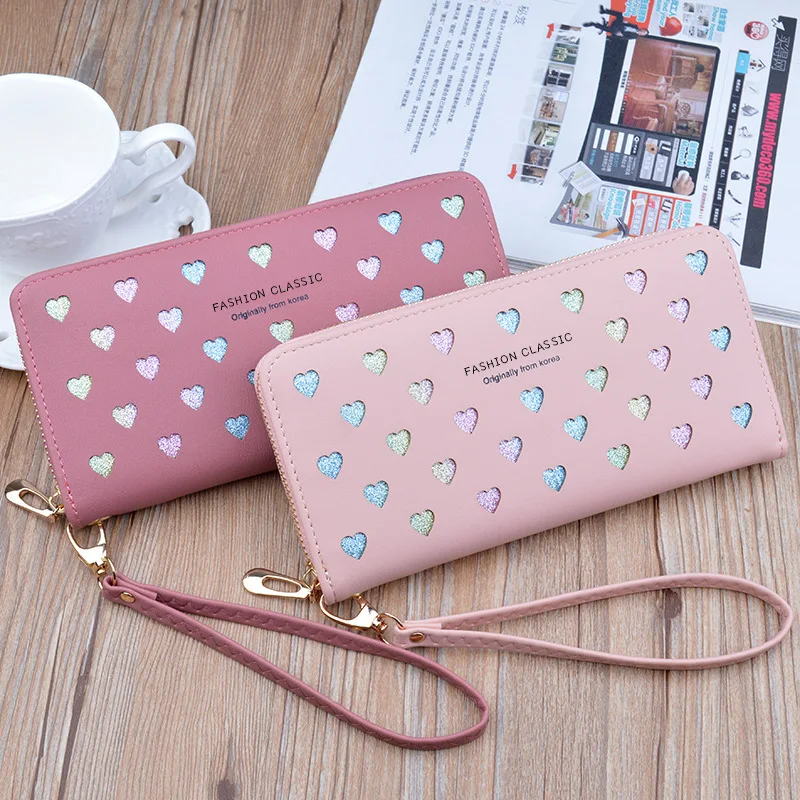 hot new fashion women wallets long zipper large capacity mobile phone bag love color hollowed out clutch luxury brand coin purse free global shipping