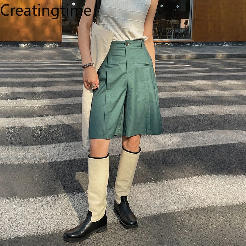 

Creatingtime 2022 Spring Summer New Fashion Tide High Waist Wild Korean Style Pleated Loose Casual Knee Length Pants Women