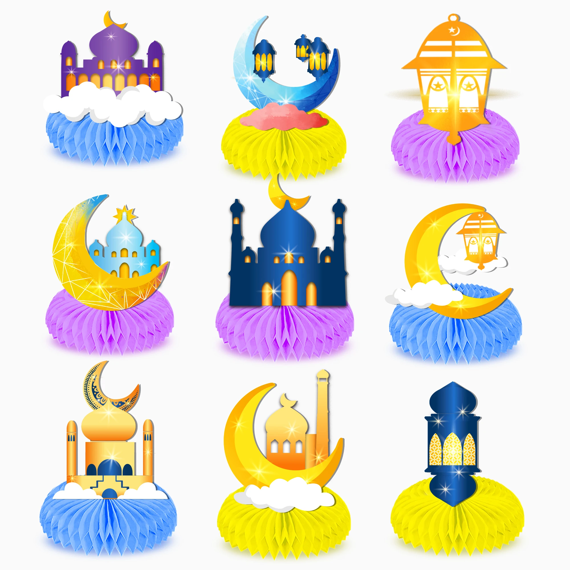 

9pcs Eid al-Fitr Honeycomb Paper Desktop Ornament Eid Mubarak Decorative Crafts Muslim Festival Party Ramadan Table Decoration