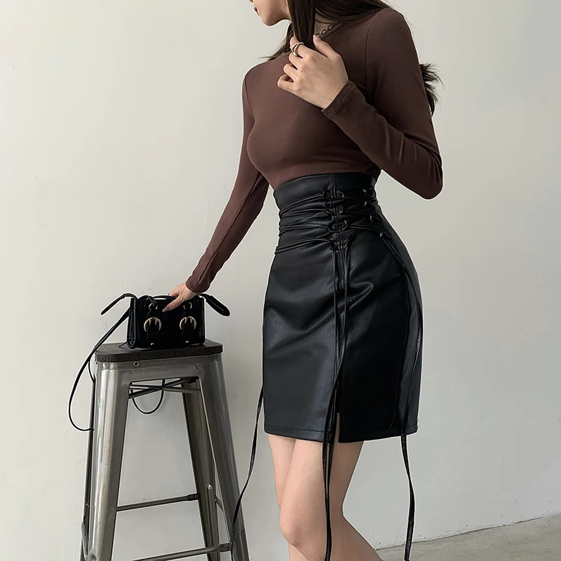 

Leather Skirt Half Skirt Women's High-waisted Slit Hip Wrap Skirt New Fall 2022 Lace Slimming Skirt