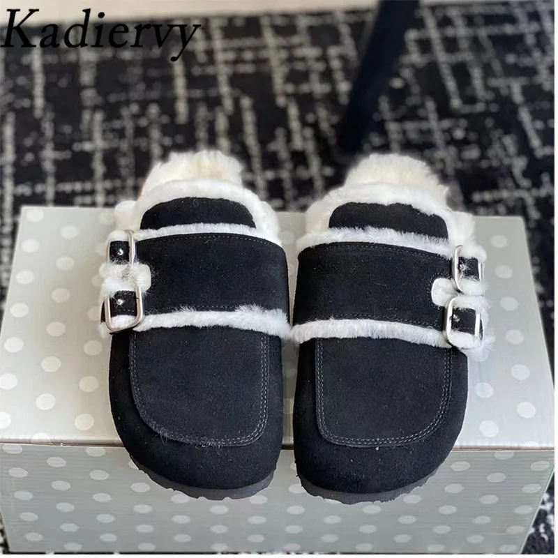 Женские замшевые шлепанцы круглый носок металлическая пряжка сланцы шерстяная