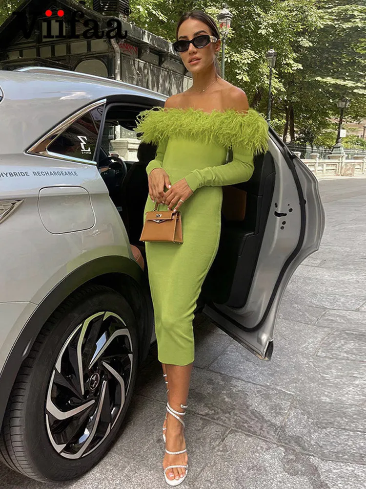 

Viifaa Feather Trim Off Shoulder Elegant Evening Party Bodycon Knit Dresses Women 2022 Autumn Winter Long Sleeve Midi Dress