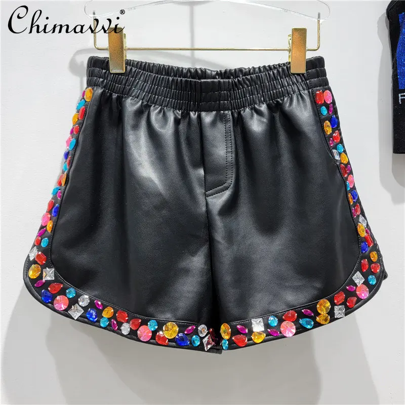 

2022 Autumn New Female Fashion Elegant PU Short Pants Women Streetwear Color Rhinestone Elastic Waist Straight PU Leather Shorts