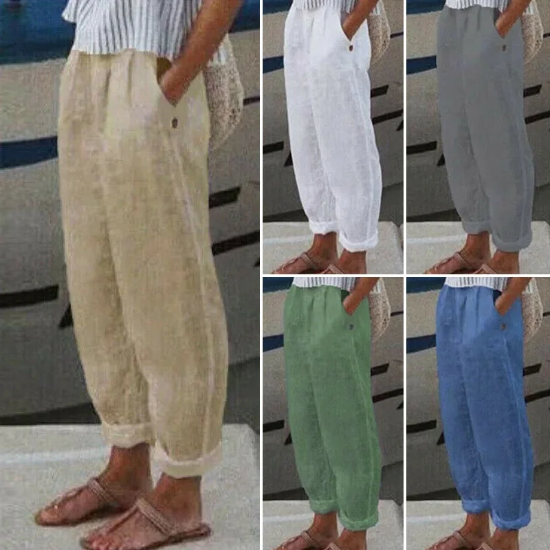 Wide Leg Cotton Linen Pants With Pockets Summer Casual Elastic Waist Women Loose Trousers Spring Long Pants Straight Pants Soild