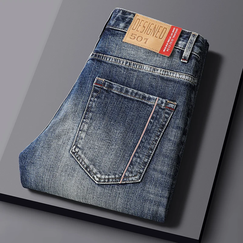 Newly Trends Fashion Men Jeans High Quality Retro Blue Elastic Slim Fit Vintage Jeans Men Redline Designer Casual Denim Pants