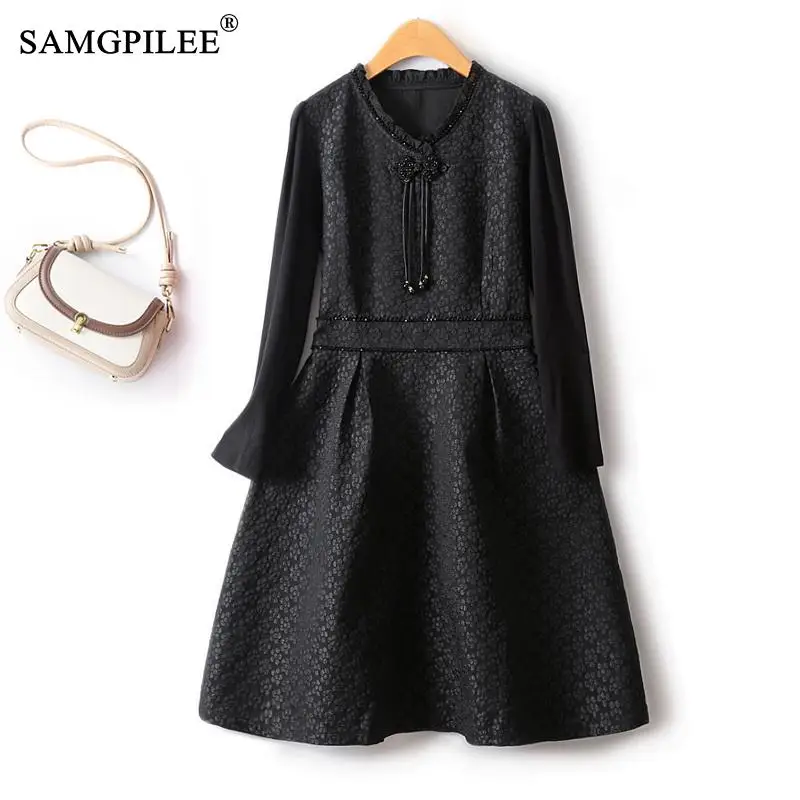 

Женское кружевное жаккардовое платье, элегантное облегающее платье средней длины с V-образным вырезом, высокой талией и широким подолом, модель 4XL на осень и зиму, 2023