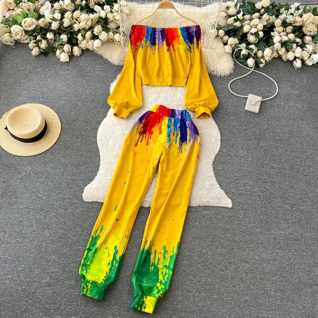 

New Women Fashion Elegant Print Casual Pantsuits Off Shoulder Vintage Crop Tops and Pants 2 Pieces Set Female Chic Trousers Suit