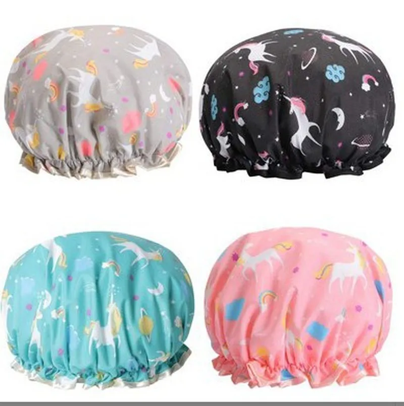 New Unicorn Pony Lovely Thick Women Shower Caps Colorful Double Layer Bath Shower Hair Cover Adults Waterproof kitchen hats Sale