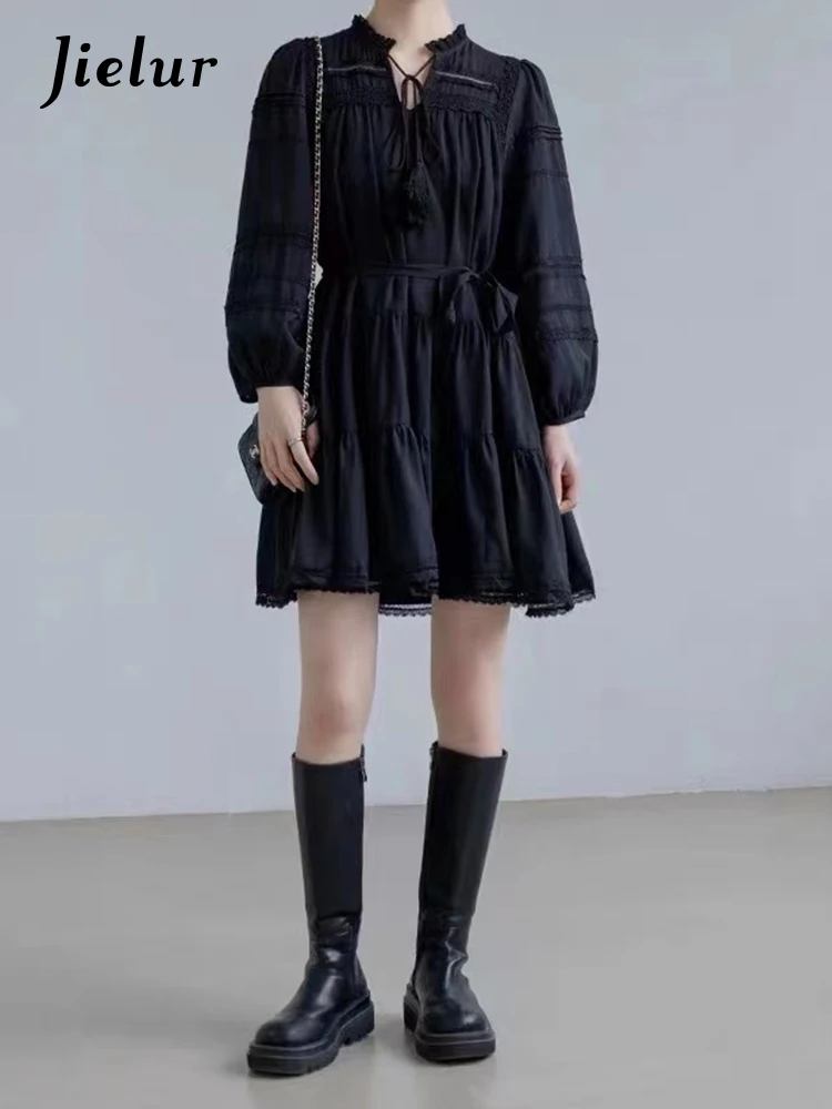 

Jielur Летнее Новое приталенное однотонное женское платье женское милое элегантное платье женские белые черные шифоновые платья с оборками для женщин