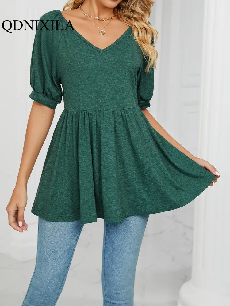 

Women's T-shirt Spring Summer 2023 New In V-neck Bubble Short Sleeve T-shirt Elegant Comfortable Fashionable Top for Women