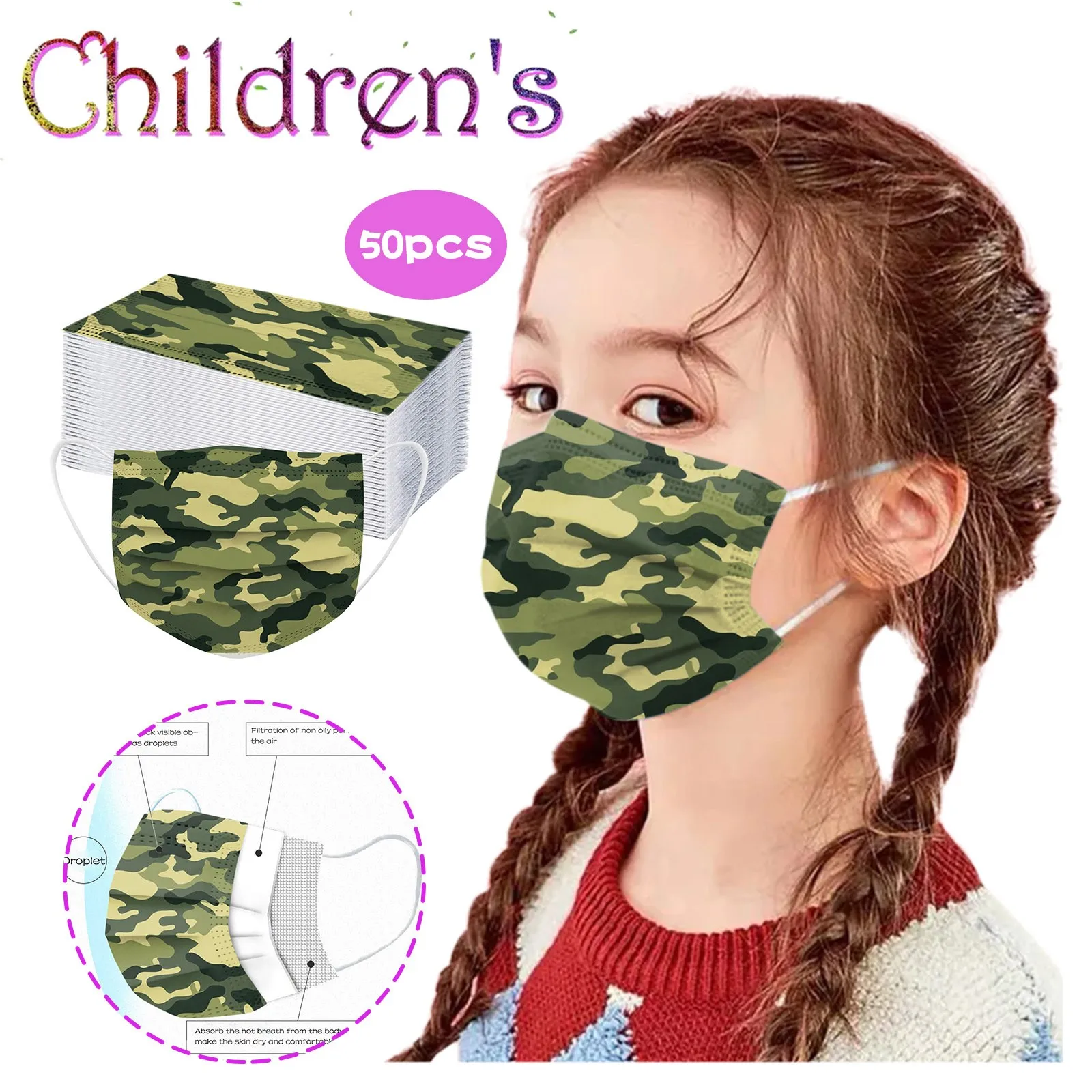 

50PCS Children Mask Print Disposable Face Mask Industrial 3Ply Ear Loop Facemask Mouth Cover mascarilla cubrebocas маска