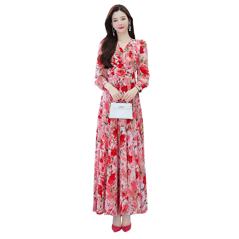 Midi Dress  For Women 2023 Spring Long Sleeve Vestidos Elegantes Fiesta Chiffon Casual Floral  muslim maxi dresses for women