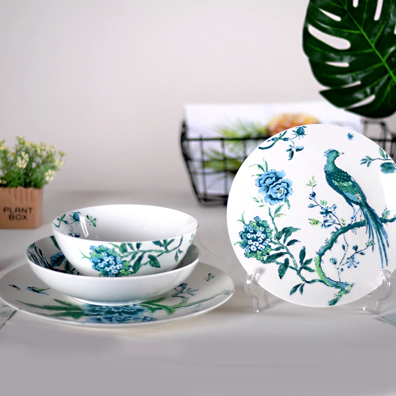 

Nordic style ceramic tableware set classic European-style jade forest glaze color bowls coffee cups and saucers plate specials.