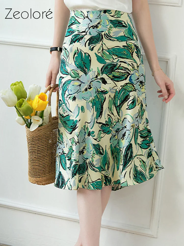

Zeolore Women Summer Oversize Mid-length Satin Printed Trumpet Skirt Elegant Gentle High Waist A-line Skirt QT1846