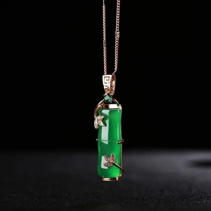 

Подвеска из зеленого халцедона с бамбуковым шарниром, подвеска из серебра, розового золота с инкрустацией из бамбука