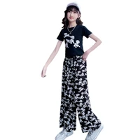 girls summer clothing sets new fashion short sleeved tshirts wide leg pants suit cute casual outfit 5 14years childrens clothes