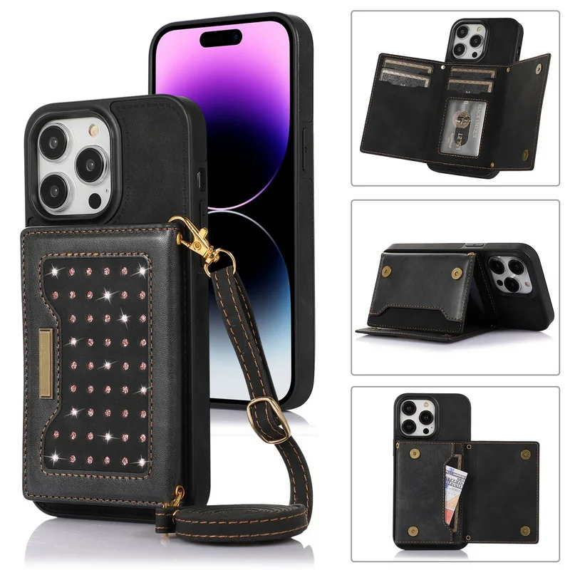

Роскошный кожаный чехол-кошелек с держателем для карт для iPhone 14, 13 Pro, Max, 12, 11, чехол с ремешком через плечо на шею и шнурком