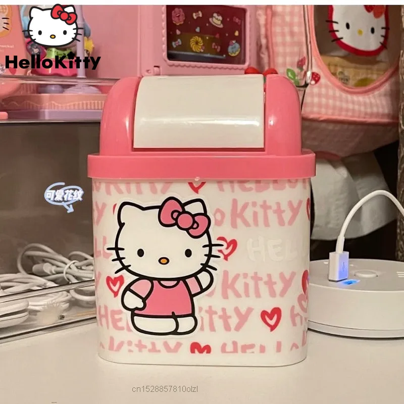 Kawaii Hello Kitty Cartoon Desktop Trash Can Mini Office Living Room Home With Cover Square Auto Accessorie Garbage Storage Bin