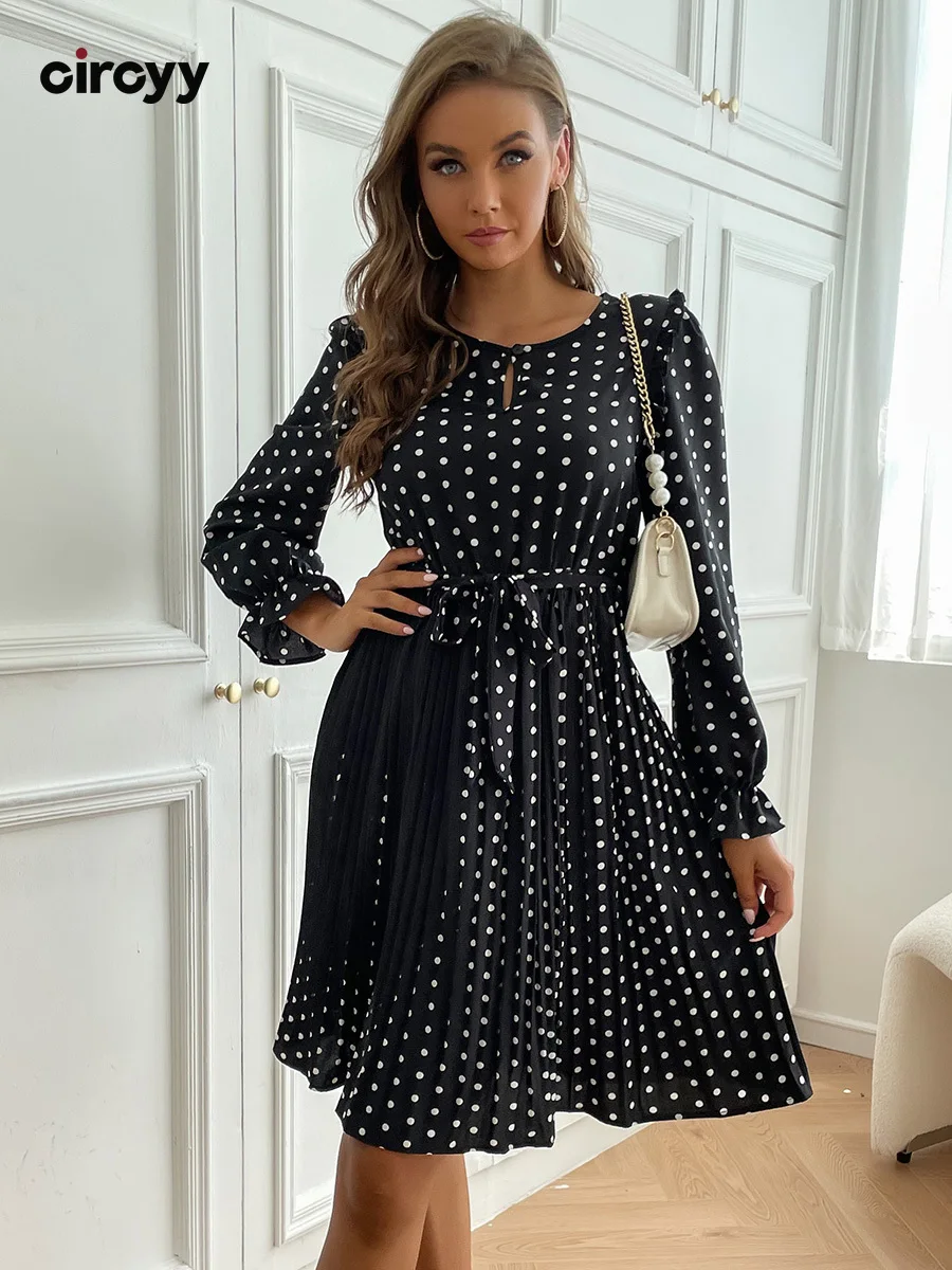 

Circyy Women Dress Black Polka Dot O-neck Summer with Belt Dresses Above Knee Casual Holiday Long Sleeve Sweet Pleated Clothe