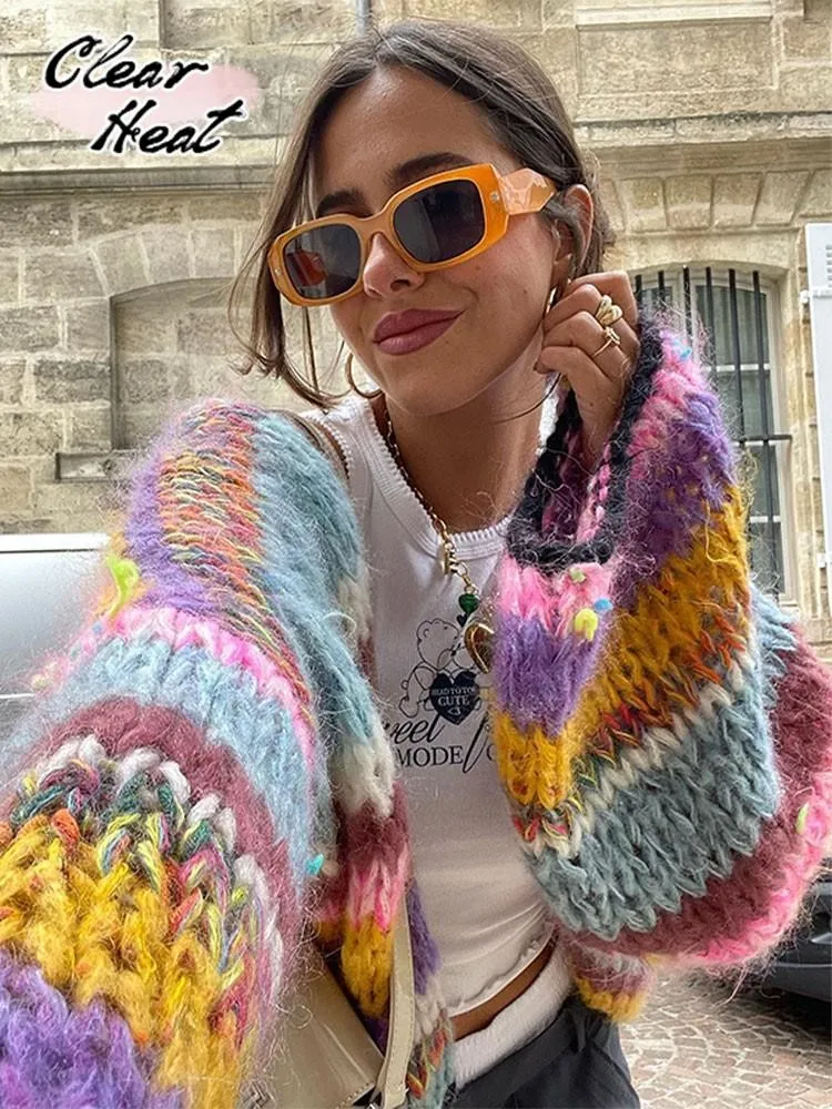 

Rainbow Stripe Printed Knitted Cardigan Sweater Women Cropped Crochet Lantern Sleeve Sweater Lady Streetwear Cardigans 2023
