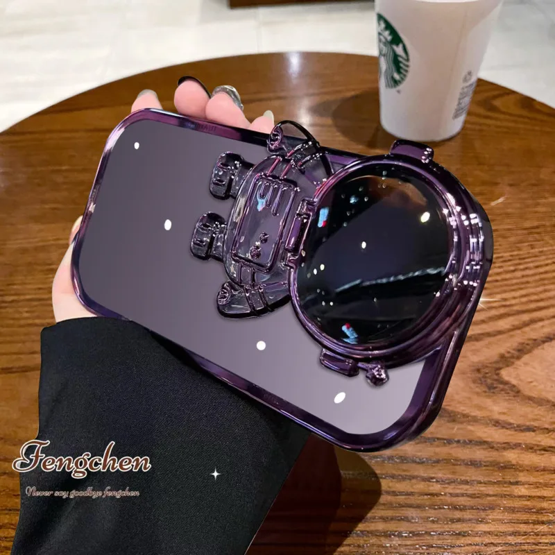 

Luxury Plating Astronaut Lens Protection Stand Phone Case For IPhone 14 Plus 11 12 13 Pro Max XR Cartoon Glitter Silicone Cover