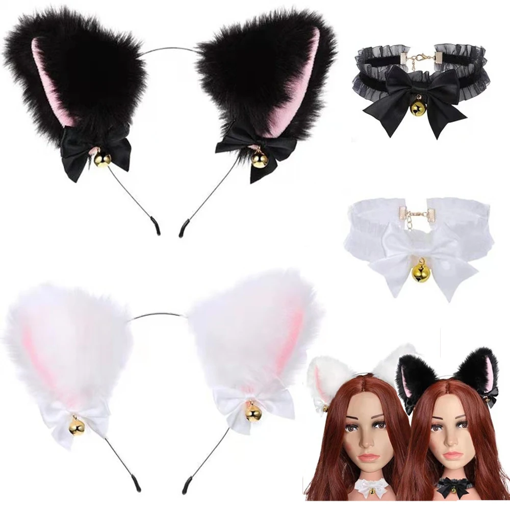 Черная повязка на голову с кошачьими ушками и искусственными плюшевыми