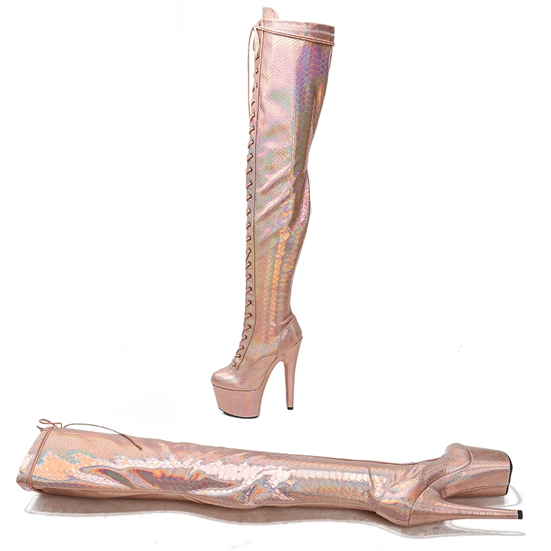 Leecabe Shinny Gold PU 17CM/7inches Pole dancing shoes High Heel platform Pole Dance boot